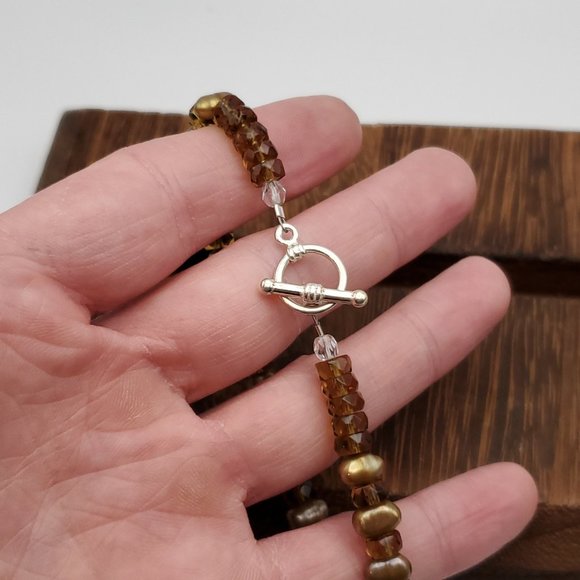 8 Inch 925 Sterling Silver Brown Genuine Pearls And Crystals Bracelet - Picture 4 of 7